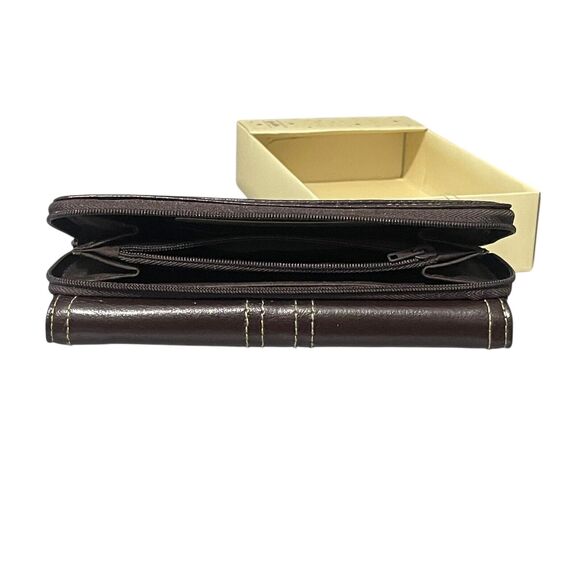 Buxton Bifold Wallet Brown Leather White Stitch Detail Credit Card New In Box - Picture 8 of 10